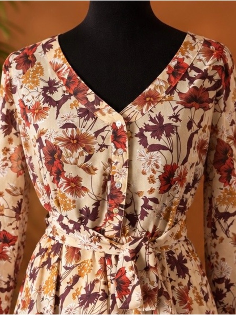 Floral Button-Front V-Neck Belted Dress in Beige